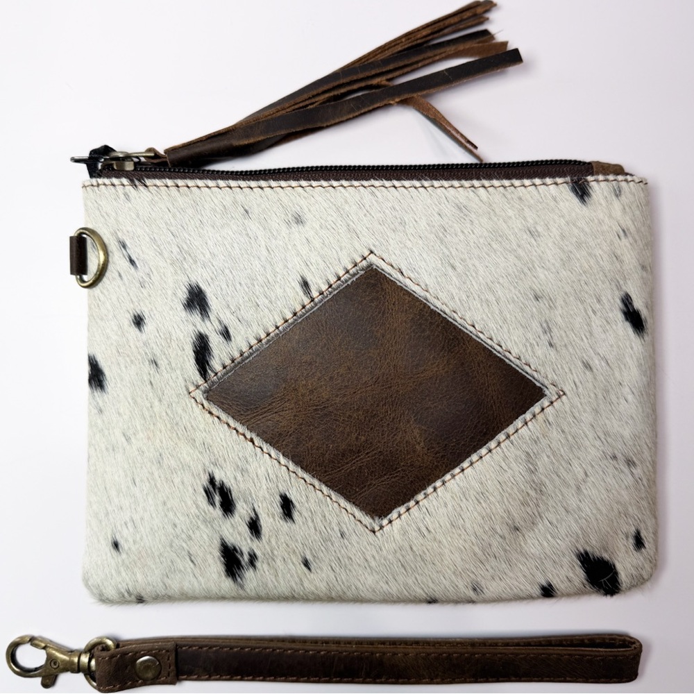 Leather Accent Cowhide Wristlet Clutch - White & Black - Picture 2 of 6